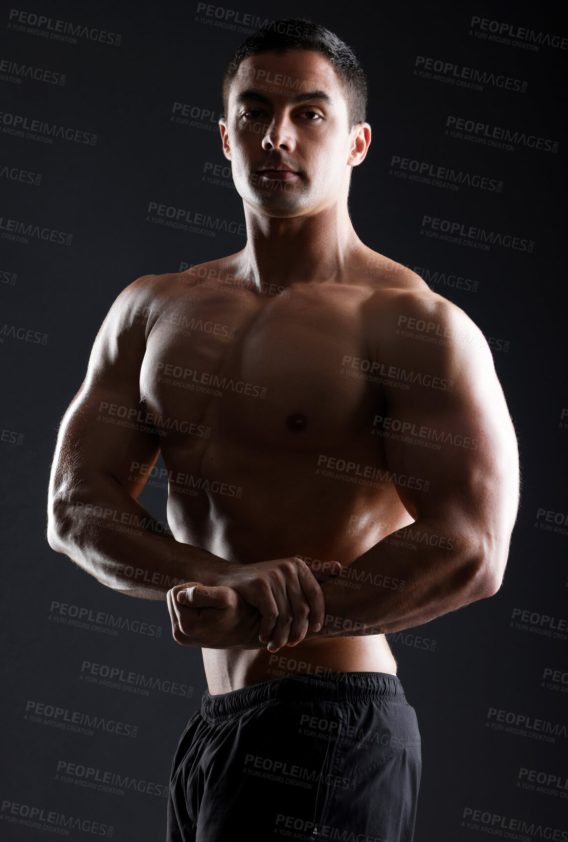 Buy stock photo Man, flexing or strong muscle for fitness goals, workout or training wellness. Power bodybuilder, healthy sports athlete or muscular body of model on aesthetic backdrop or black studio background