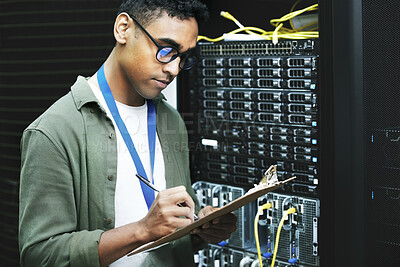 Buy stock photo Data center, man and computer engineer with checklist, writing and notes as programmer. Male person, inspection and technology for hardware, security and server room for system update or maintenance