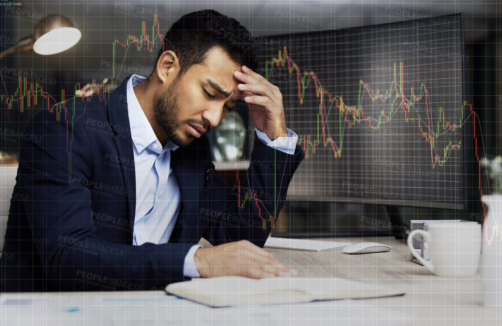 Buy stock photo Businessman, computer chart and stress for trading mistake, recession and stock exchange overlay in office. Trader, graph monitor and fear for investment crisis with anxiety, economy and profit loss