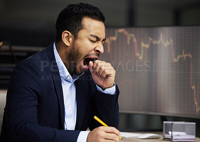 Buy stock photo Businessman, yawn and tired in office with computer for trading chart, stock exchange and burnout. Trader, sleepy and fatigue for stocks investment with graph screen, exhausted and writing pencil