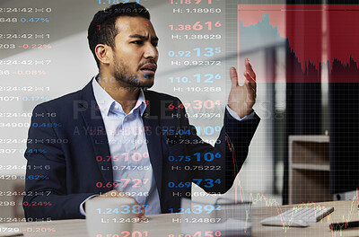 Buy stock photo Man, overlay and stress with chart in office for foreign exchange rate, fail or stock market crash. Angry, trader and frustrated with crisis in financial investment, anxiety or bad news of economy