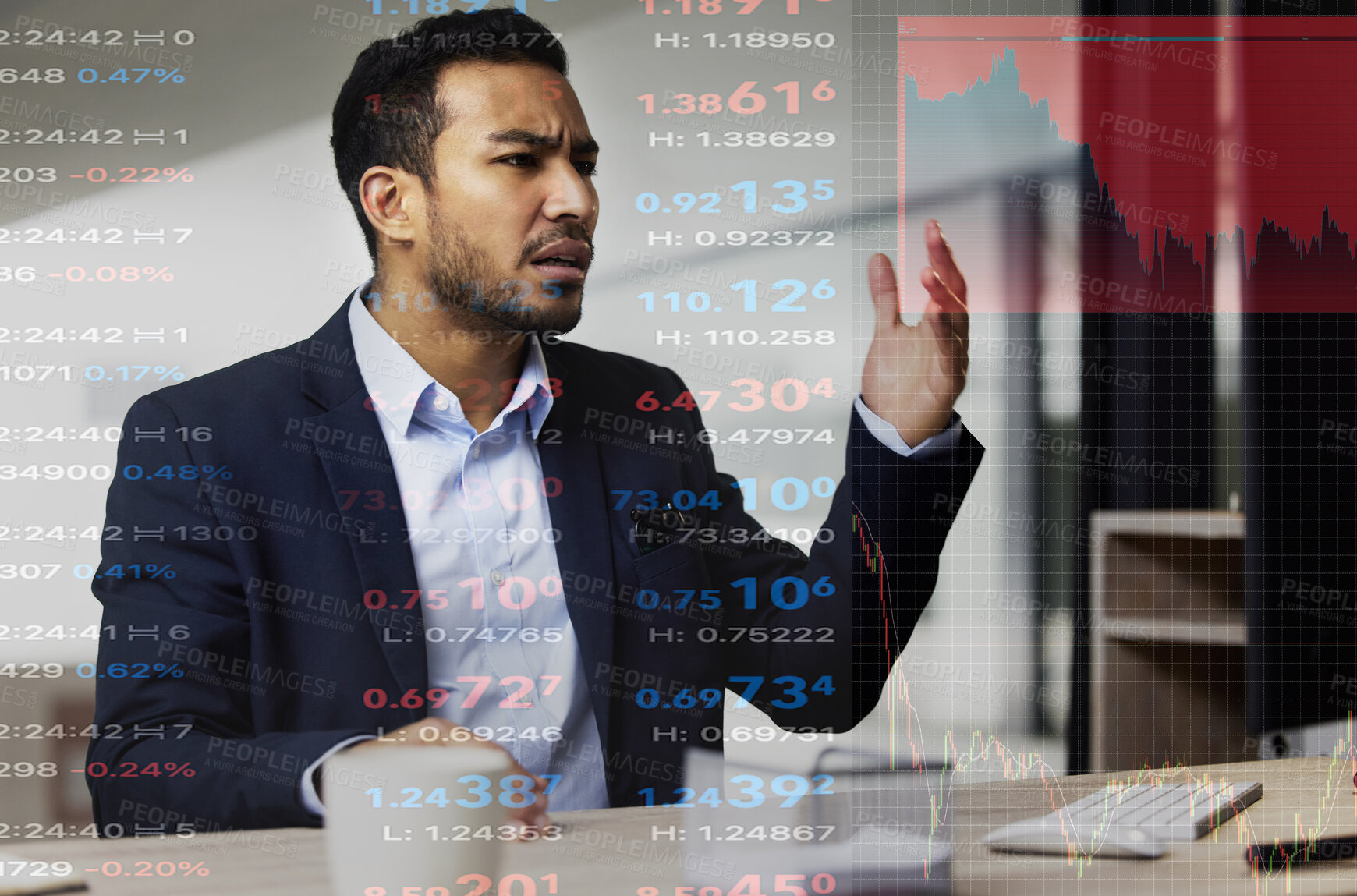 Buy stock photo Man, overlay and stress with chart in office for foreign exchange rate, fail or stock market crash. Angry, trader and frustrated with crisis in financial investment, anxiety or bad news of economy