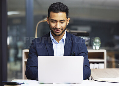 Buy stock photo Businessman, happy and laptop typing in office for trading notes, stock exchange research and connection. Trader, computer and internet for news website, economy article and online faq for investment