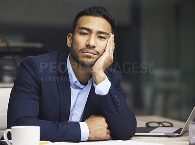 Buy stock photo Businessman, laptop and bored in office portrait for trading research, stock exchange and coffee for energy. Lazy trader, tired and computer for economy article with fatigue, latte and investment faq