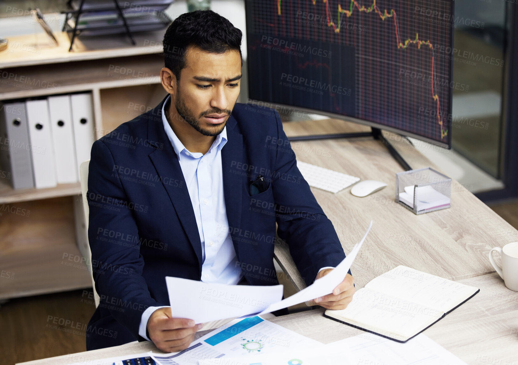 Buy stock photo Man, computer screen and stress with documents in office for foreign exchange, investment and risk. Broker, trading and frustrated with financial crisis in inflation, anxiety and bad news of economy