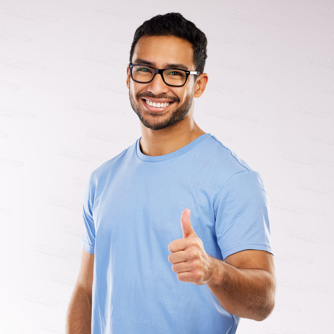 Buy stock photo Man, portrait and thumbs up in studio for optometry, glasses and emoji on white background. Male person, review and promotion for eyewear or thank you for spectacle frames, vote and approval for lens