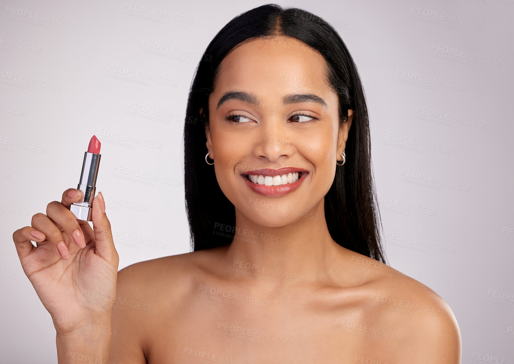 Buy stock photo Thinking, beauty and woman in studio with lipstick for cosmetics, confidence or makeup on white background. Product, aesthetic and happy model with ideas for satisfaction, memory or salon treatment