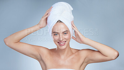 Buy stock photo Studio, portrait and happy woman for hair care with towel, prevent drips and wet after washing routine. Female model, skincare and fresh by white background with cloth, fabric and speed dry process