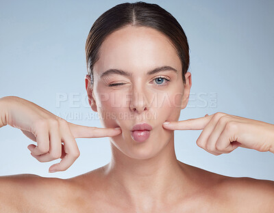 Buy stock photo Woman, portrait and pout with cosmetics in studio and hyaluronic acid for mouth and beauty. Model, face and lip filler on white background with skin and touch for dermatology, wellness and results