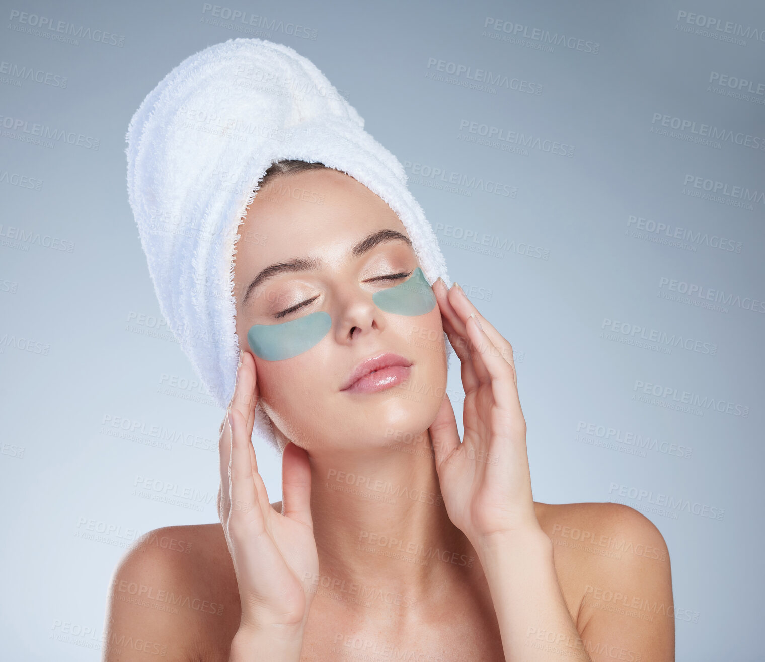 Buy stock photo Woman, eye patches and dark circles in studio, facial treatment and hydration on grey background. Female person, skincare and beauty mask for moisturizer, vitamin e and pads to refresh for cosmetics