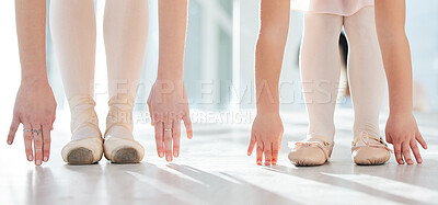 Buy stock photo Stretching, ballet and teacher or feet in class for child and lesson with hands in academy. Talent, girl or woman and education in dance workshop for student, wellness and training or theatre for art