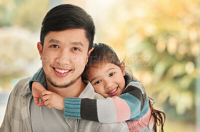 Buy stock photo Asian family, girl and father in home portrait, hug and happiness for bonding in relationship. Daddy, daughter and relaxing in living room of apartment, embrace and security in connection or love