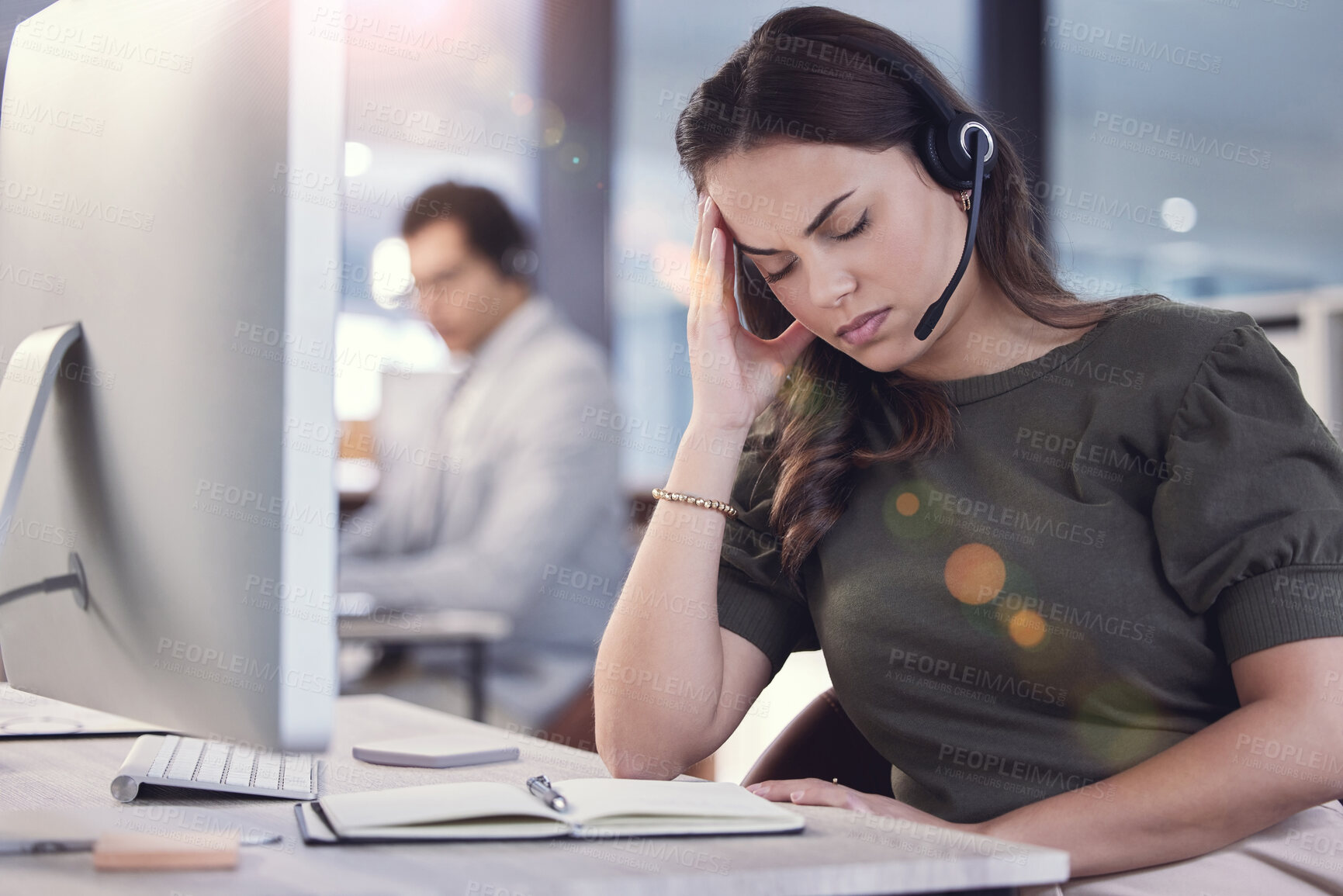 Buy stock photo Woman, headache and burnout with call center, crm and anxiety for 404 mistake or glitch. Customer service agent, headset and contact us support with stress, problem and startup telecom employee