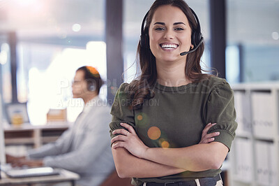 Buy stock photo Portrait, woman and happy as employee at call center with customer or client support and service. Female person, crm and advisor or consultant with smile or confident with job, career growth as agent