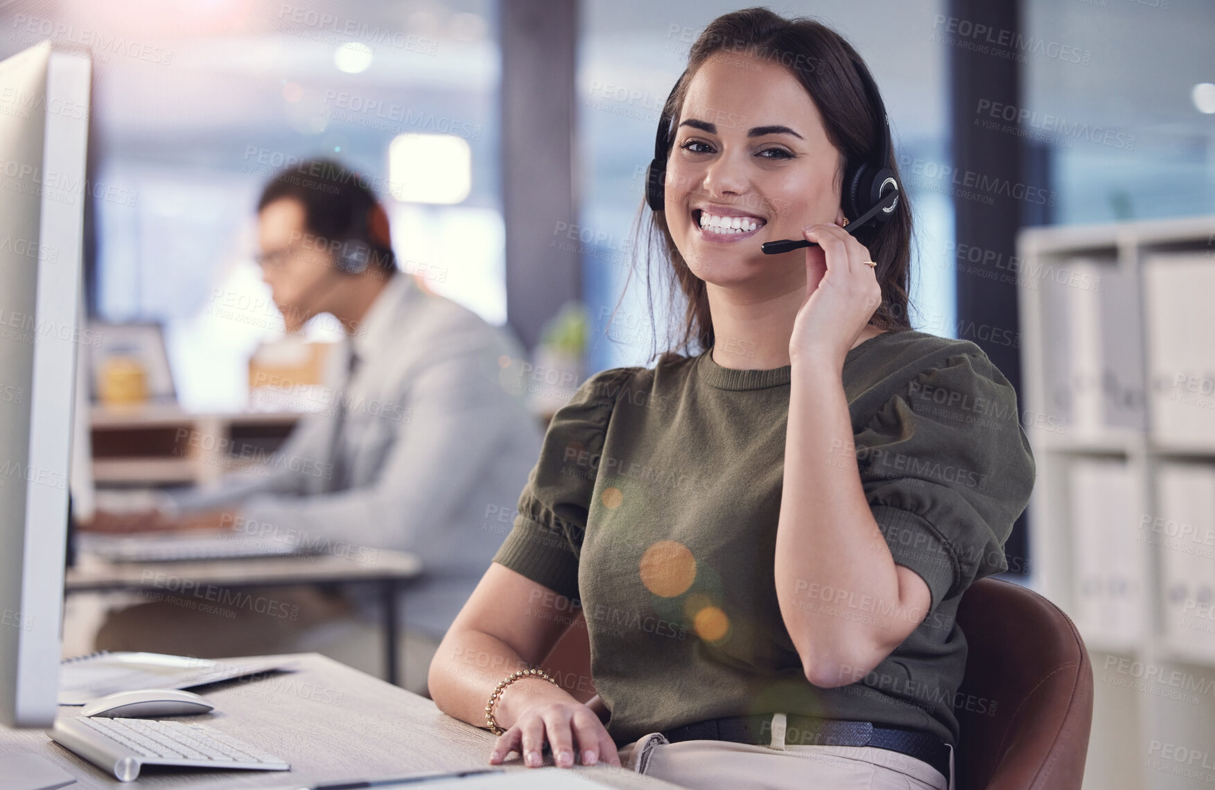 Buy stock photo Portrait, woman and smile as consultant at call center with customer or client support and computer. Office, crm and advisor or employee with satisfied or happy with job and career growth as agent