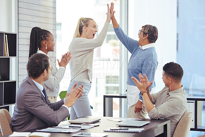 Buy stock photo High five, business and people with meeting in office for staff or company feedback, project and sales target success. Team, applause and celebrate for employee promotion, achievement and partnership