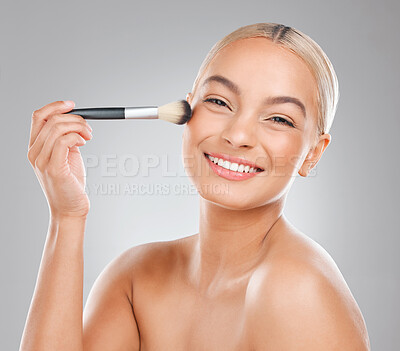 Buy stock photo Woman, makeup brush and happy in studio portrait with powder, cheek and cosmetics by white background. Girl, person and model with tools for application, test and smile for beauty with facial change