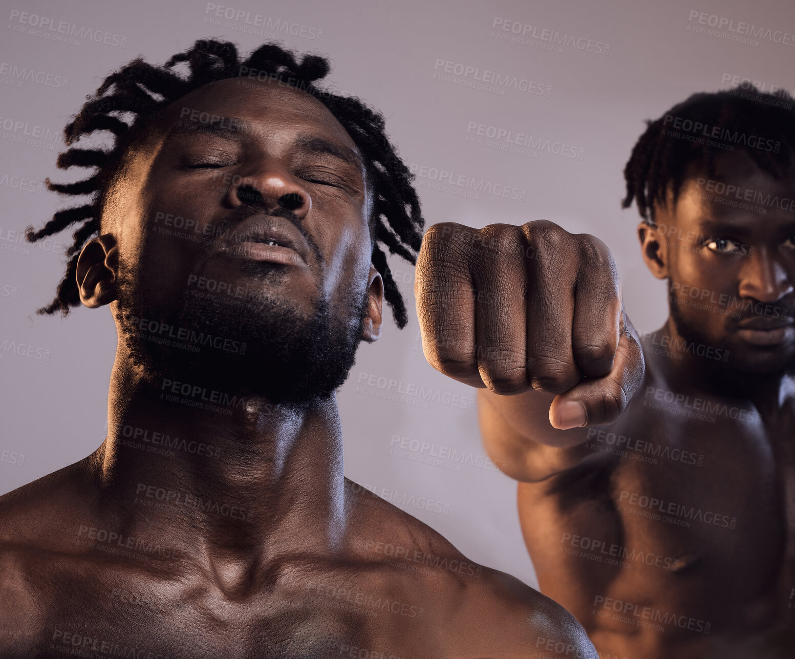 Buy stock photo Fight, martial arts and man with punch in studio for strength competition, action exercise or training on gray background. Power, body and male athlete for confidence, challenge or combat sport