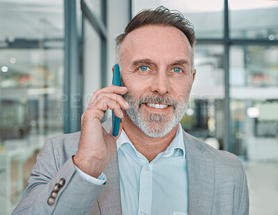 Buy stock photo Portrait, smile and businessman with phone call in office for company, negotiation and plan. Happy, mature attorney and person with tech at law firm for legal advice, consulting and update to client