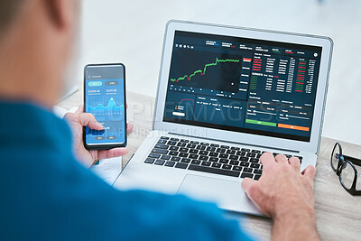 Buy stock photo Man, smartphone and laptop or trader on stock market, fintech and analyse growth graphs for investment. Investor,  blockchain and statistics or currency conversion, financial app and business screen
