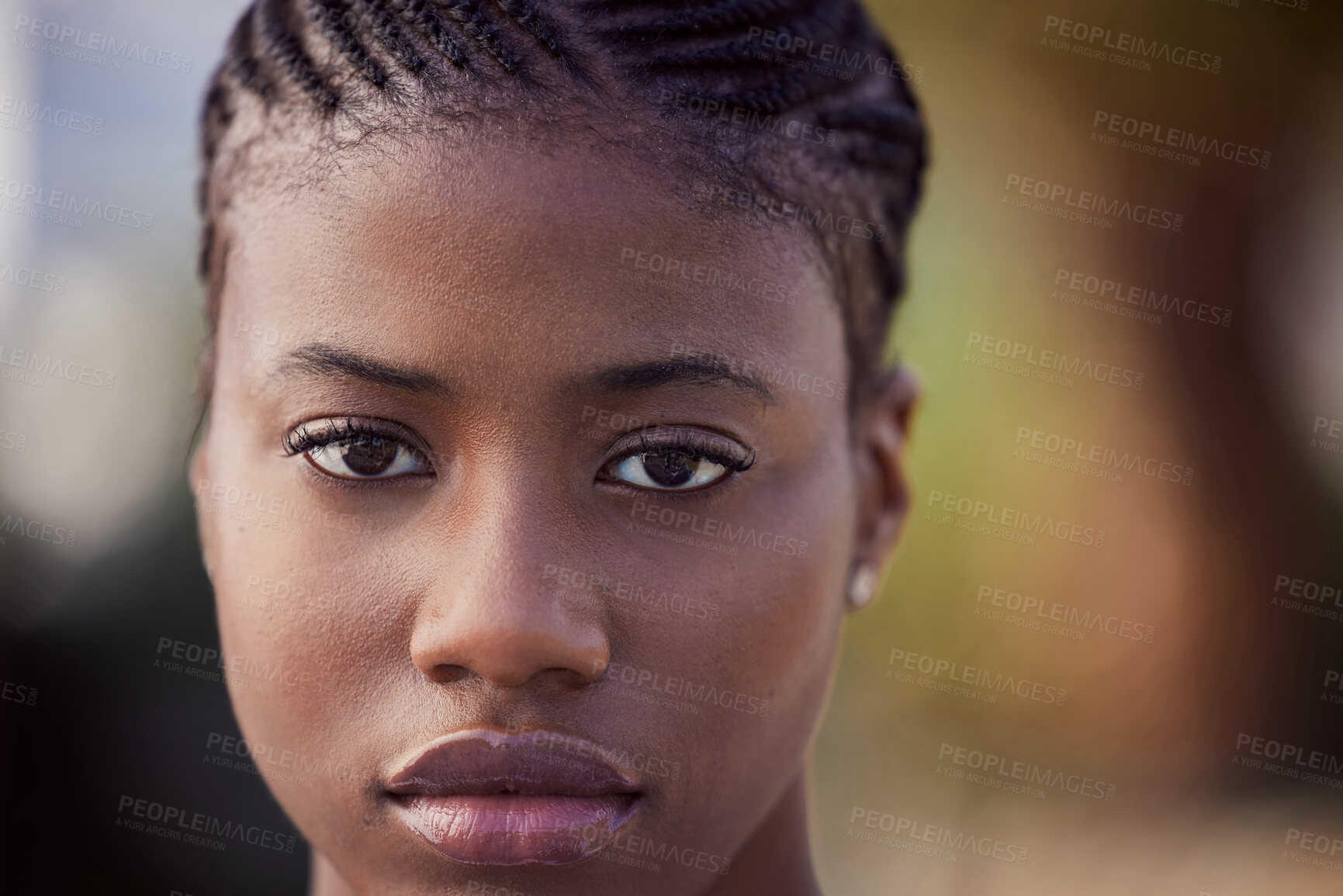 Buy stock photo Portrait, black woman and outdoor with natural beauty, makeup and cosmetics closeup. African, girl and serious face of young person with braids, skincare and glow for confidence with dermatology