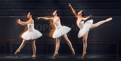 Buy stock photo Ballerina, stage and group of women dancing in hall creative craft, acting and passion together. Show, theatre or girl with elegance, confidence and talent with balance, performance or drama for art