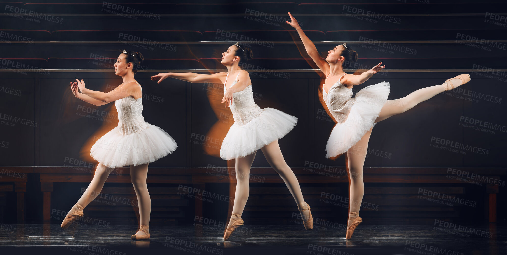 Buy stock photo Ballerina, stage and group of women dancing in hall creative craft, acting and passion together. Show, theatre or girl with elegance, confidence and talent with balance, performance or drama for art