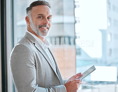 Buy stock photo Businessman, tablet and website in office portrait, sales and online for market research. Mature person, window and app for statistics in workplace, information and graph for strategy or project