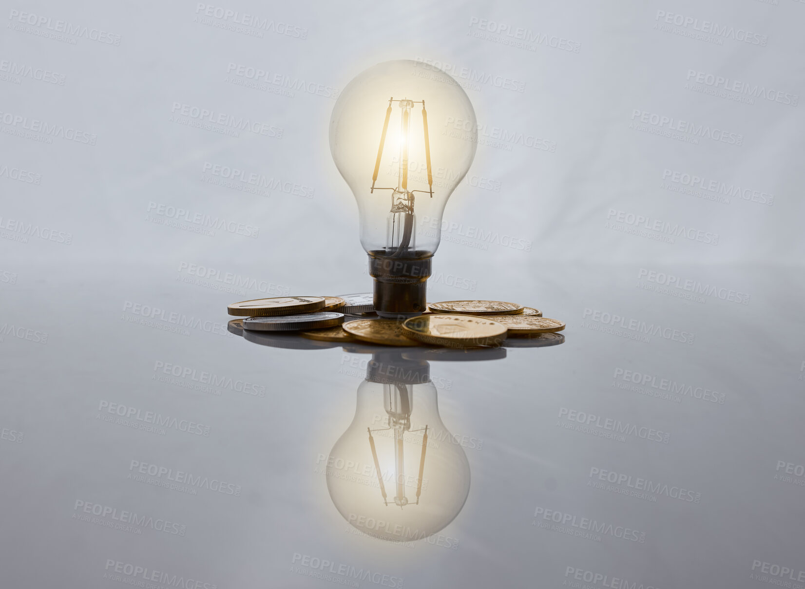 Buy stock photo Light bulb, finance and pile of coins in studio for banking investment with idea. Money, trading and lamp with cash funds for foreign exchange stocks for economy inflation by white background.