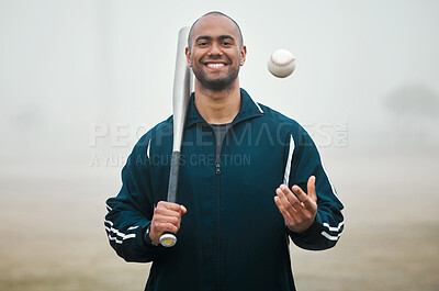 Buy stock photo Happy man, portrait and baseball with bat on turf for game time, match or outdoor competition on field. Young male person or sports athlete with smile for fitness, exercise or workout in winter mist