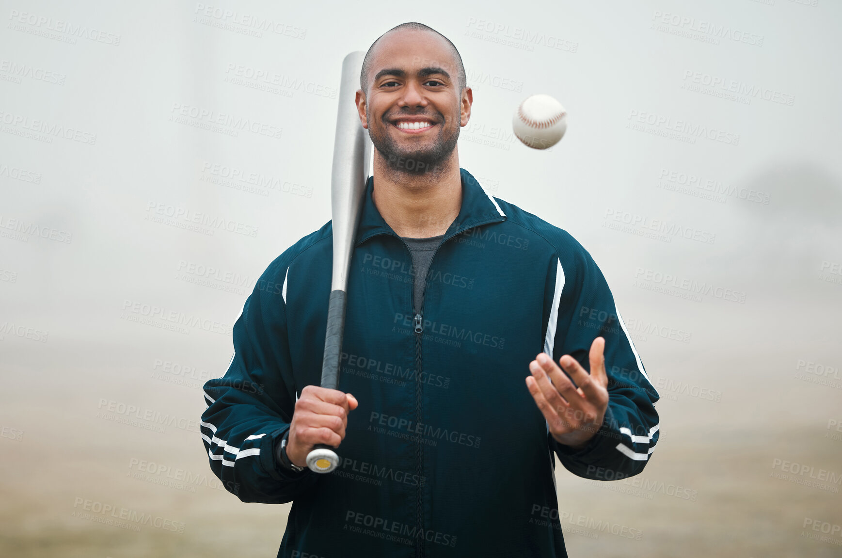 Buy stock photo Happy man, portrait and baseball with bat on turf for game time, match or outdoor competition on field. Young male person or sports athlete with smile for fitness, exercise or workout in winter mist