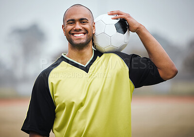 Buy stock photo Sport portrait, football player and man with ball on field for game training, practice or smile for workout. Soccer, athlete and happy person for match fitness, exercise or confidence for competition