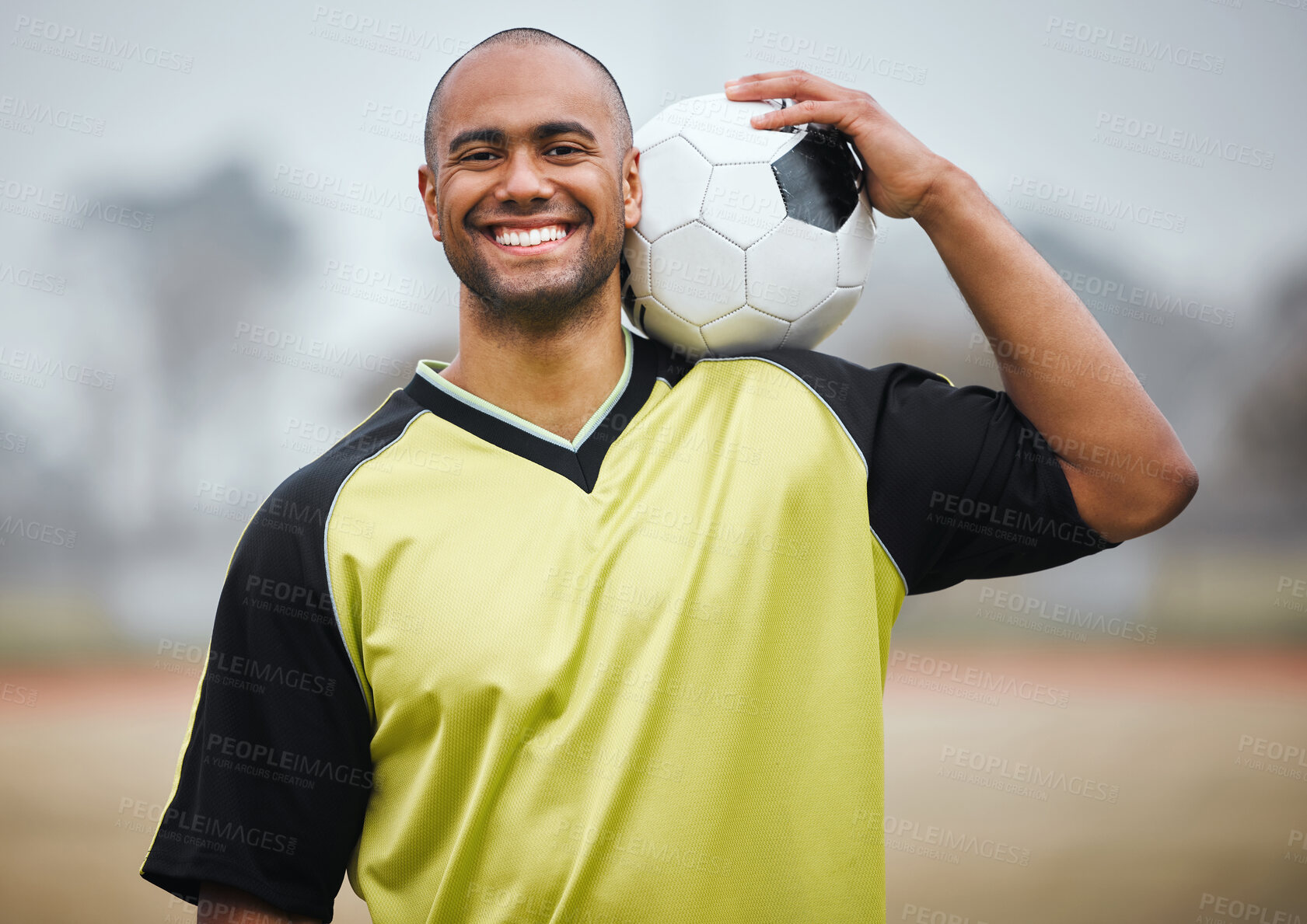 Buy stock photo Sport portrait, football player and man with ball on field for game training, practice or smile for workout. Soccer, athlete and happy person for match fitness, exercise or confidence for competition