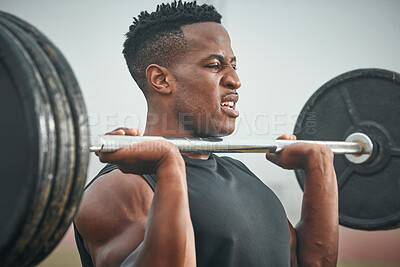 Buy stock photo Exercise, weights and black man with bodybuilding in nature for muscle strength, fitness or intense lifting. Serious, bodybuilder and training with barbell in park for workout, challenge or endurance