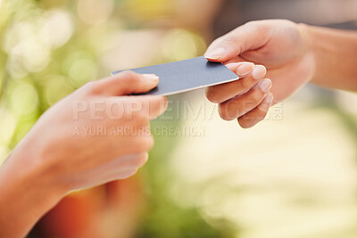 Buy stock photo Credit card, women and hands for payment, giving and financial transaction with banking account. Debit, zoom and customer at pos in store with fintech for shopping, sale and bills as exchange