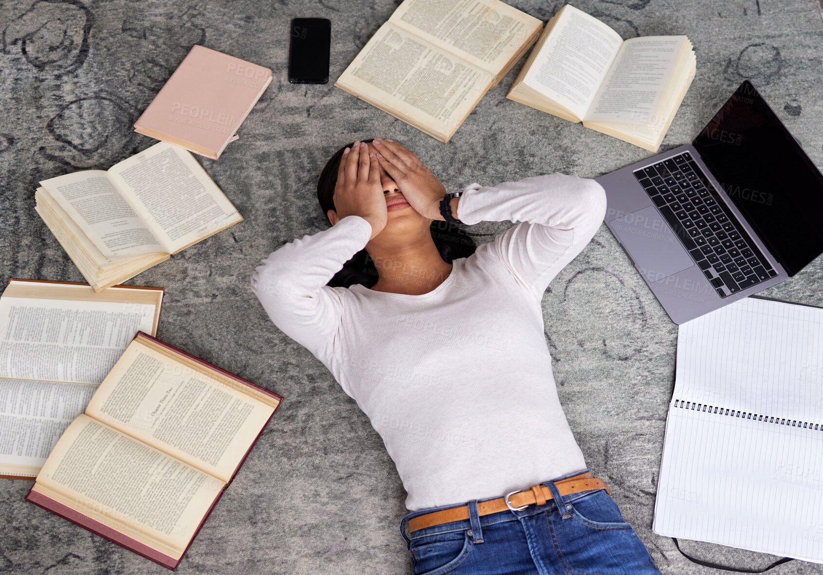 Buy stock photo Study anxiety, fatigue and woman student on ground with textbook for test feeling overworked. Stress, female person and home studying for university exam and course with laptop for elearning online