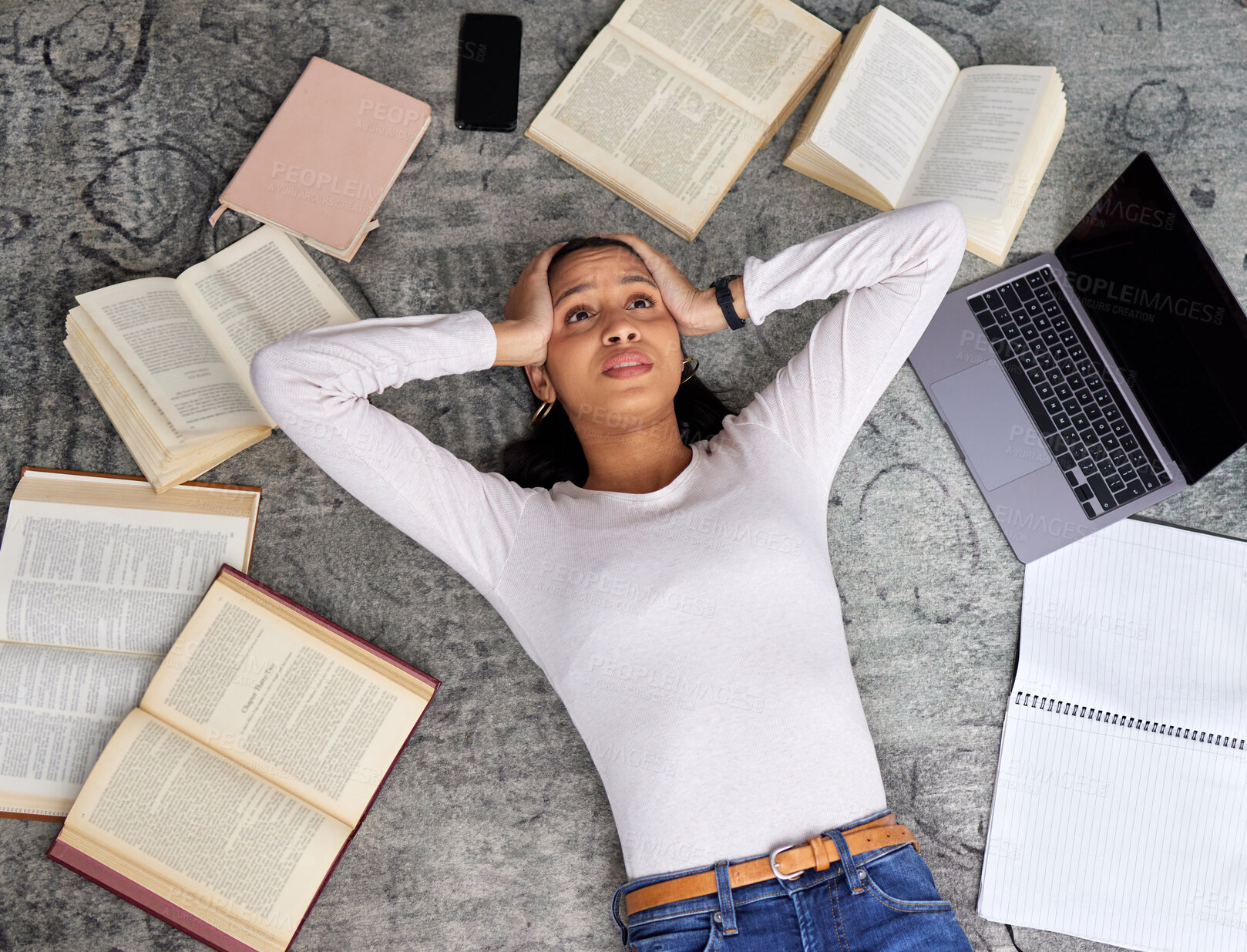 Buy stock photo Study anxiety, burnout and woman student on ground with textbook for test feeling overworked. Stress, female person and home studying for university exam and course with laptop for elearning online