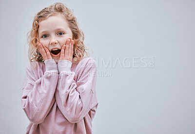 Buy stock photo Girl, portrait and child surprise in studio, wow and news for discount deal on white background. Female person, mockup space and shock for information on sale, kid gossip and secret announcement