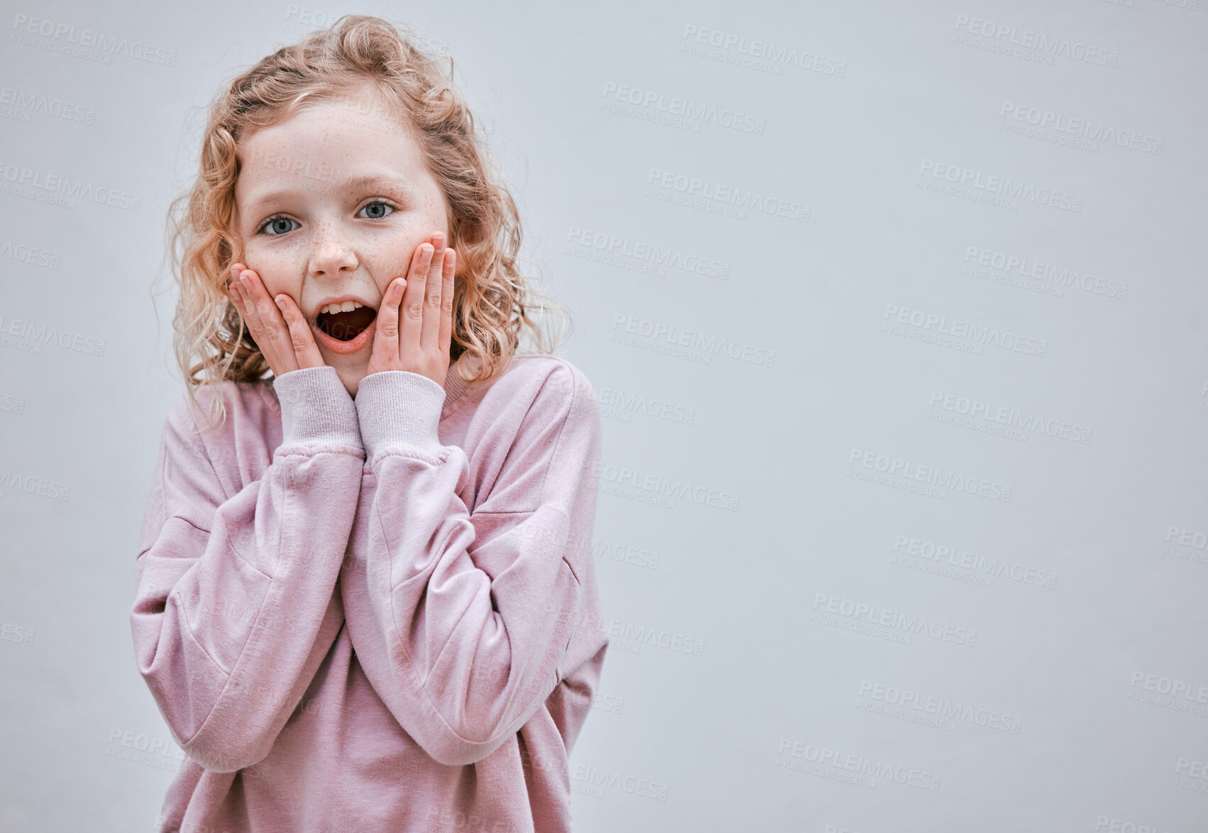 Buy stock photo Girl, portrait and child surprise in studio, wow and news for discount deal on white background. Female person, mockup space and shock for information on sale, kid gossip and secret announcement