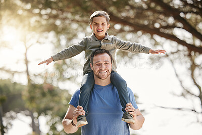 Buy stock photo Portrait, dad and child on shoulder in nature with smile, trees and happy family hiking in outdoor forest park. Fun, father and playful son on bonding walk together on weekend adventure with support