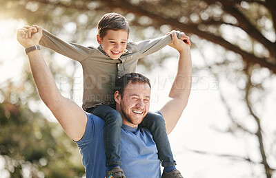 Buy stock photo Shoulders, park and dad with child for playing for fun, bonding and playful relationship. Family, nature and happy father carry young boy for adventure outdoors for care, love and support on weekend