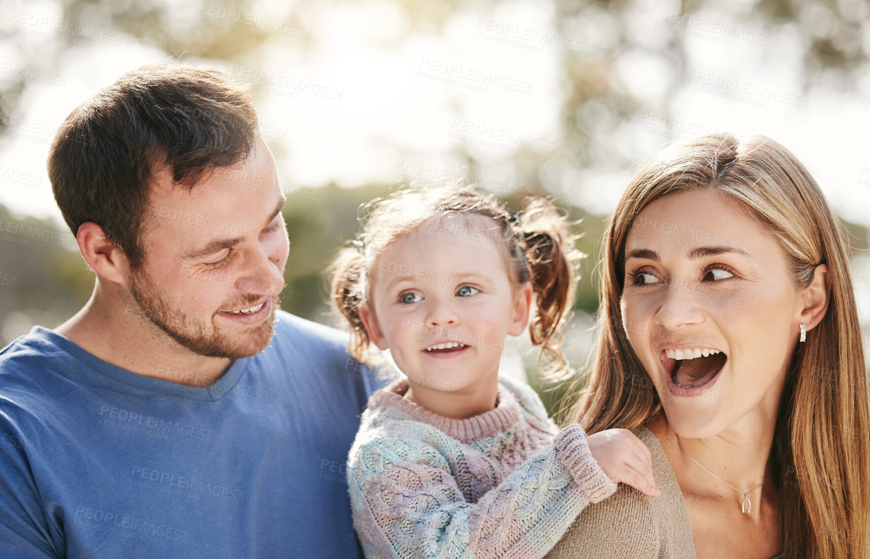 Buy stock photo Happy, park and parents with child for playing for fun, bonding and playful relationship. Family, nature and excited mom, dad and girl for adventure outdoors for care, love and support on weekend