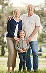 Portrait of loving caucasian grandparents enjoying time with grandson in nature. Smiling little boy bonding with grandmother and grandfather. Happy seniors and child standing together outdoors