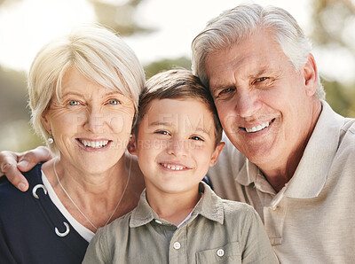 Buy stock photo Family, portrait and child with grandparents in backyard for support, happiness or weekend break. Hug, young boy and senior man with woman for affection, comfortable or bonding together in garden