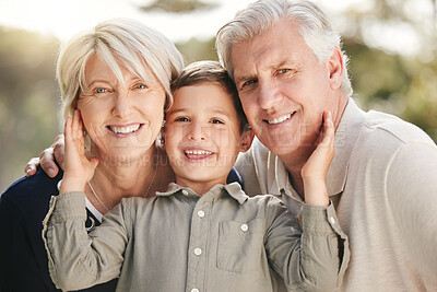 Buy stock photo Family, portrait and boy with grandparents in backyard for support, happiness or weekend break. Hug, young child and senior man with woman for affection, comfortable or bonding together in garden