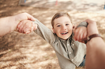 Buy stock photo Child, pov and spin portrait outdoor with speed, fast movement and hands for support, trust and bonding in park. Boy, excited kid and flying activity on playground with smile, enjoyment and freedom