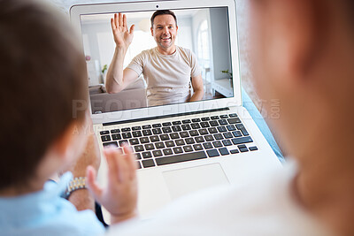 Buy stock photo Family, video call and father wave on laptop screen for communication, talking or bonding. Happy man, hello and virtual chat with parent of kid on computer for conversation, care or greeting in home