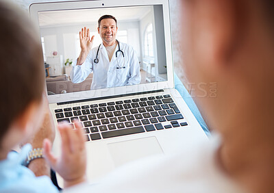 Buy stock photo Online, doctor and man with baby by laptop at home for digital consultation, healthcare and advice. Medical, professional person and wave on screen for telehealth, virtual meeting and communication