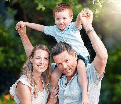 Buy stock photo Child, shoulder and happy family in outside portrait together, parents and boy in garden for bonding on weekend break. Summer, love and smile for care on holiday, nature trees and support in backyard