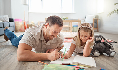 Buy stock photo Coloring, book and father with child on floor for relaxing, bonding and activity at home. Love, happy and dad with girl kid drawing with pencils together for hobby and fun in living room at house.